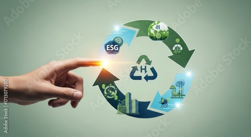 Interactive ESG Framework - Hand Activating a Sustainable Circular Economy Graphic.
