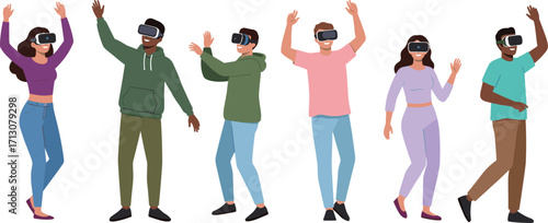 Group of People Using VR Headsets – Immersive Technology, Interactive Experience, Casual Clothing, Digital Entertainment, Education, Training, and Future Lifestyle Concept