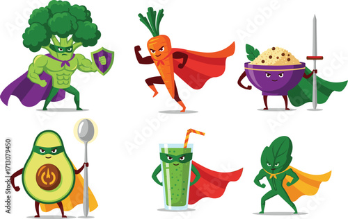 Healthy Food Superhero Characters – Broccoli, Carrot, Avocado, Spinach – Fun Cartoon Illustration Promoting Nutrition for Kids, Education, and Branding