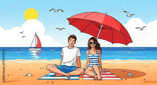 Couple Relaxing on Beach Under Umbrella.