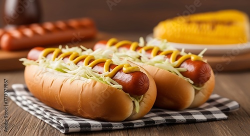 Delicious Hot Dogs on Buns with Mustard and Cabbage.