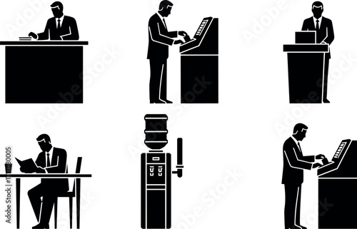 Office people working, reading, presenting, using ATM, water cooler, desk job, business scene, workplace activity, black silhouette vector set