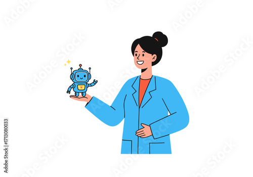 Minimalist female scientist presenting robot assistant, flat icon