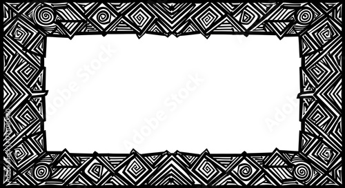Bold black and white geometric border design with tribal inspired patterns and a central blank space