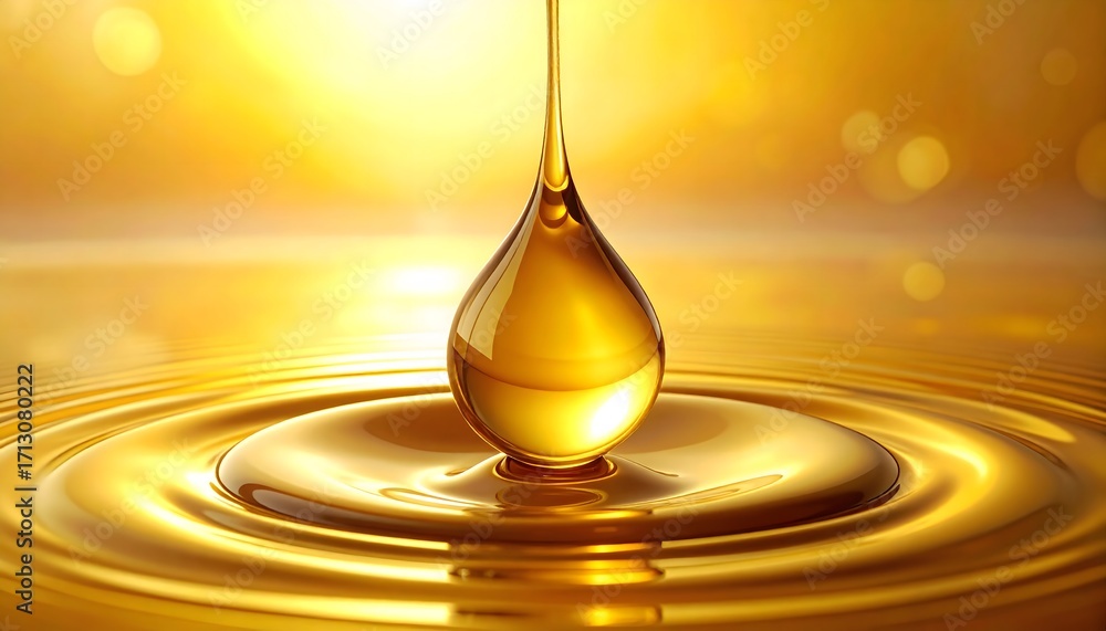 Fototapeta premium Golden drop of oil creating smooth ripples, Liquid gold surface illuminated with warm light