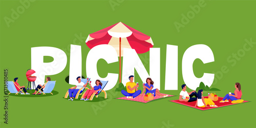 Vector illustration of the word picnic on green background and people on bbq. Design for food festival banner, poster