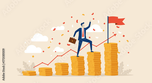 Man climbing stacks of coins to reach a flag, representing success.