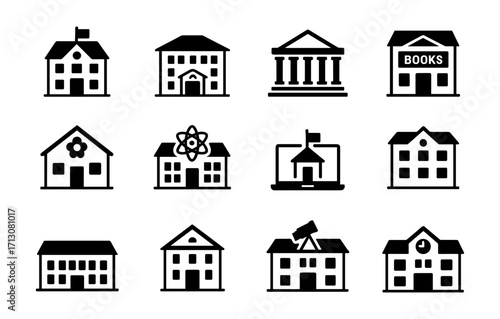 Educational building icons set: school, library, science lab, digital learning