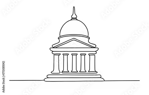 Continuous line drawing of a classical building with dome and columns