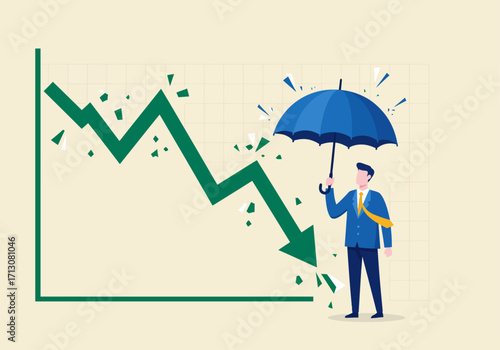 Illustration of a man with an umbrella protecting against a falling stock market line.