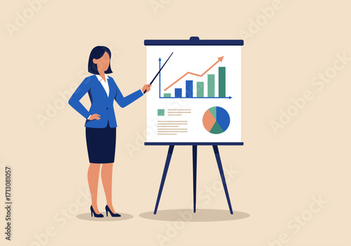 Woman presenting business data on a chart with upward trending line and bar graph.