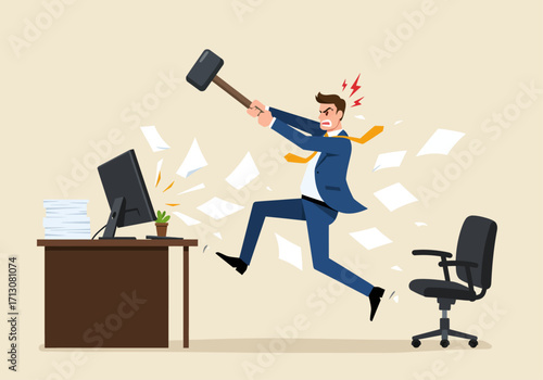 Frustrated businessman destroying his computer with a hammer.