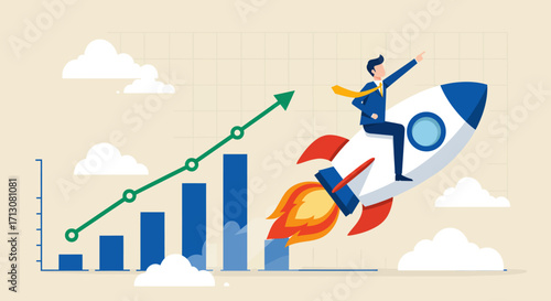 Illustration of a businessman riding a rocket with a rising graph in the background.