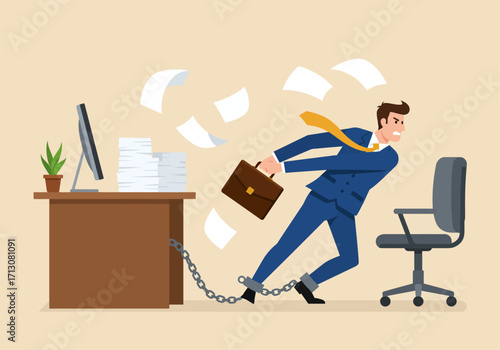 Cartoon of a businessman chained to his desk, struggling to get away.