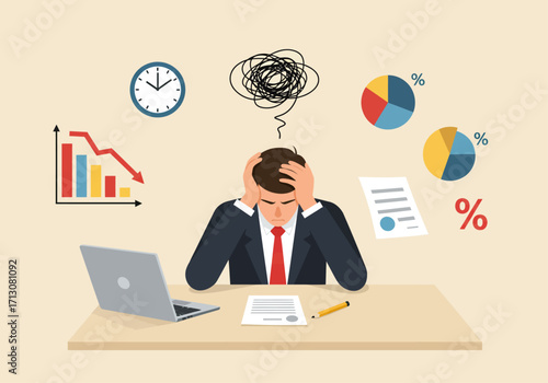 Stressed businessman at desk with laptop, charts, and tangled thoughts.