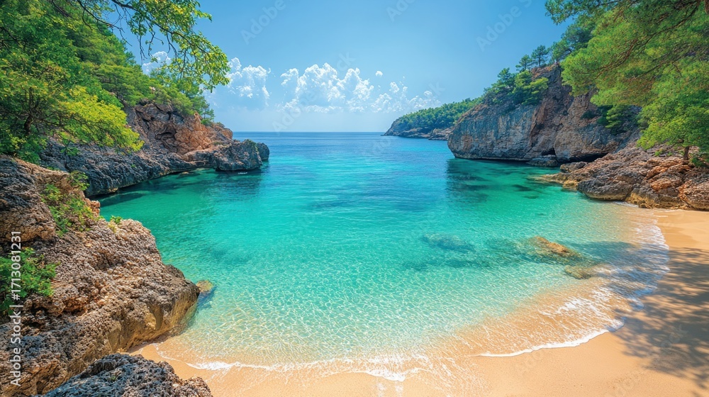 Fototapeta premium Breathtaking Secluded Cove with Turquoise Water, Lush Green Cliffs, and Golden Sandy Beach on a Sunny Day