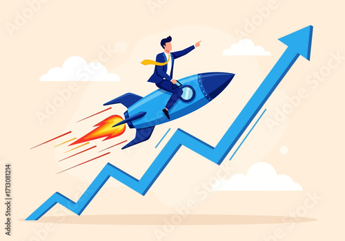 Man riding a rocket on an upward trending arrow, symbolizing business growth.