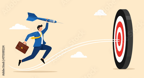 Man running with dart hitting target, business success concept illustration.