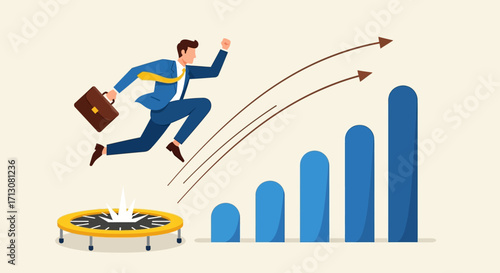 Businessman jumping from trampoline over bar graph, career growth concept.