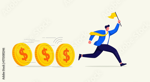 Man running with flag, chasing rolling coins, financial success concept.