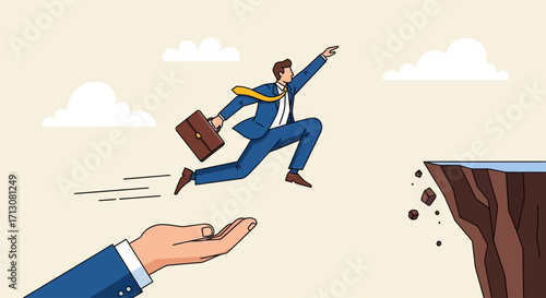 Illustration of a businessman jumping over a gap with the help of a hand, symbolizing support and risk-taking.