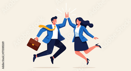 Business people jumping and high-fiving in celebration of success.