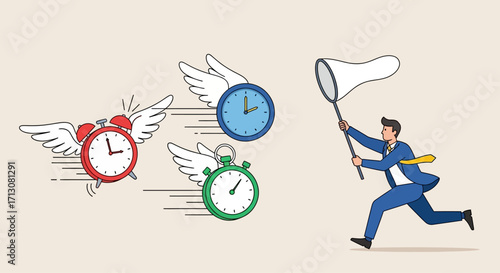 Man with net trying to catch flying clocks with wings.