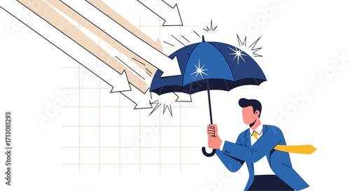 Man with umbrella protecting from falling arrows, business concept.