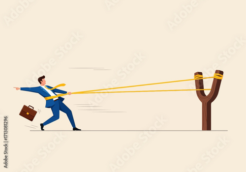 Businessman being pulled back by a giant slingshot, holding a briefcase.