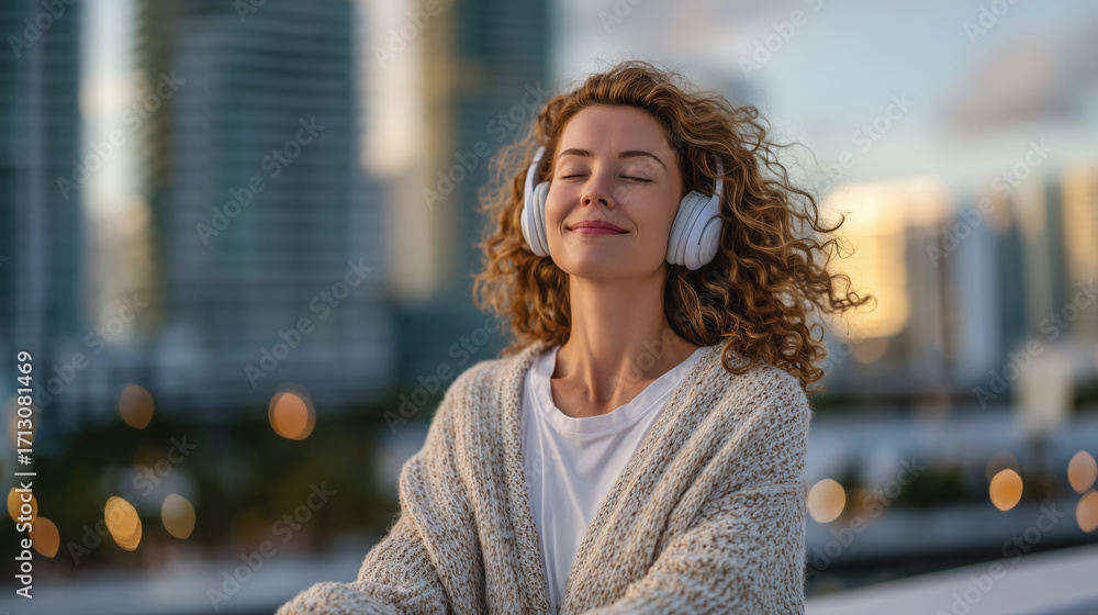 Fototapeta premium Serene rooftop morning meditation, woman sitting with closed eyes and headphones, light breeze moving her hair, skyscrapers softly lit in the background, concept of mindful urban l