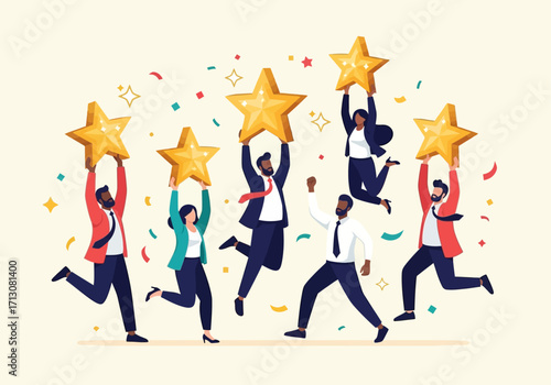 Group of people celebrating with stars and confetti.