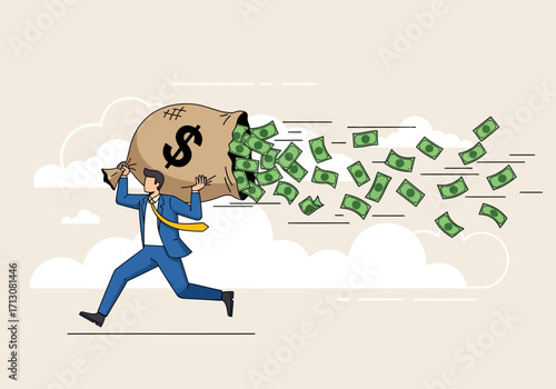 Man running with a bag of money, losing cash along the way.