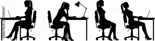 Office worker sitting postures at desk with laptop showing ergonomic positions and unhealthy habits for workplace health and productivity