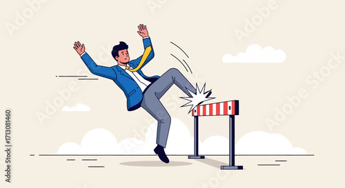 Man tripping over hurdle, cartoon illustration of failure and obstacle.
