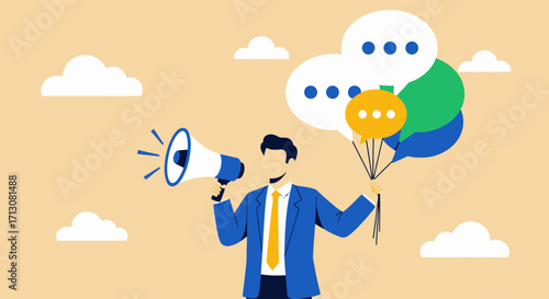 Illustration of a man with a megaphone and balloons with speech bubbles.