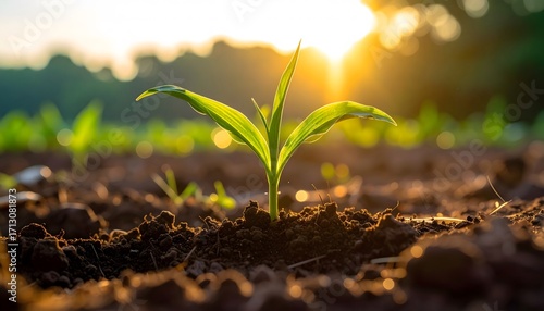 Golden Hour Seedling, Dawn's Promise: A Corn Sprout Basking in the Sun's Embrace