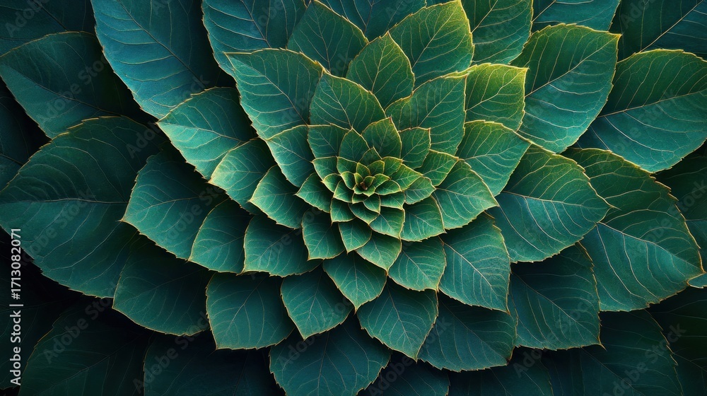 Fototapeta premium Close-up of lush green leaves forming a captivating natural spiral, with detailed veins and a beautiful gradient of teal, emerald, and golden-edged foliage.