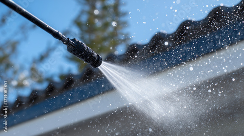 High-pressure nozzle angled at gutter corner, concentrated jet removing built-up grime, water spray sparkling in daylight, roofline forming clean architectural lines