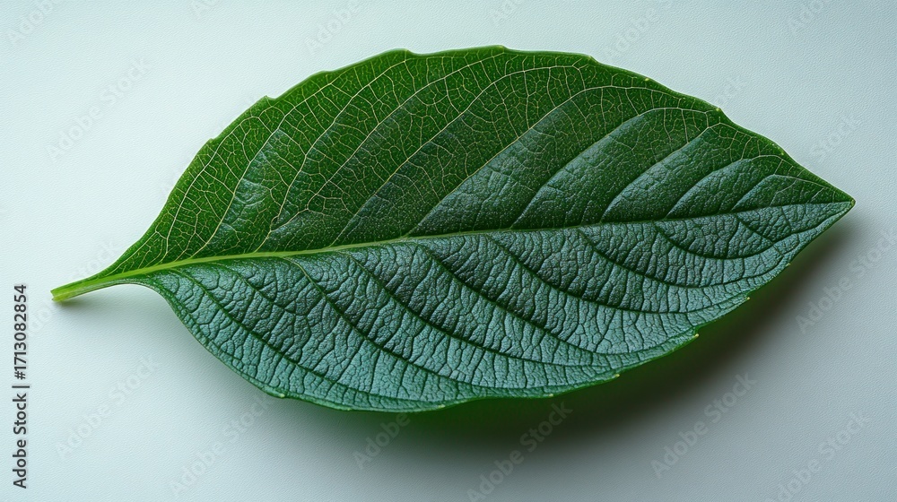 Obraz premium Macro Shot of a Vibrant Green Leaf Revealing Intricate Vein Patterns and Textured Surface on a Clean, Light Background