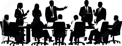 Silhouette business meeting with professionals discussing strategy around conference table, teamwork collaboration, corporate presentation, leadership communication, office environment scene