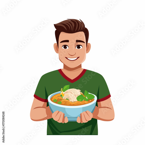 Cheerful Man Holding a Bowl of Delicious Noodles A Culinary Delight