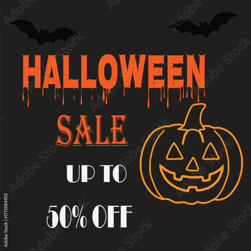 Halloween Sale Poster with Spooky Pumpkin, Bats, Scary Typography, Horror Discount Banner, Seasonal Party Promotion Design with 50 Percent Off Offer.