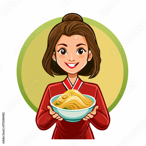 Friendly cartoon woman mascot holding a delicious bowl of Asian noodles. Vector character illustration for a restaurant or food logo