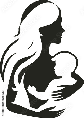 A heartwarming vector logo showing a mother gently holding her baby, symbolizing love, care, and maternal bond with soft curves and minimal design.