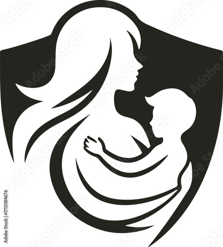 A heartwarming vector logo showing a mother gently holding her baby, symbolizing love, care, and maternal bond with soft curves and minimal design.