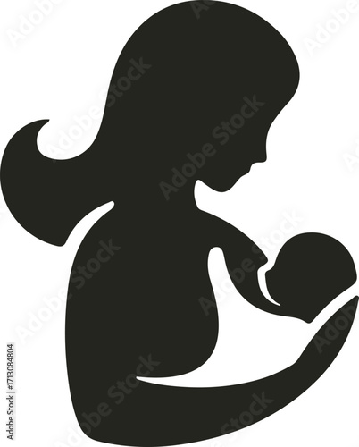 A heartwarming vector logo showing a mother gently holding her baby, symbolizing love, care, and maternal bond with soft curves and minimal design.