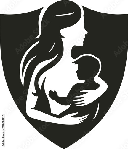 A heartwarming vector logo showing a mother gently holding her baby, symbolizing love, care, and maternal bond with soft curves and minimal design.