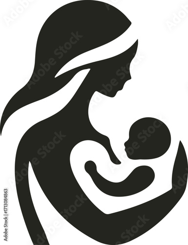 A heartwarming vector logo showing a mother gently holding her baby, symbolizing love, care, and maternal bond with soft curves and minimal design.