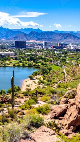 Cityscape view overlooking a lake and desert landscape