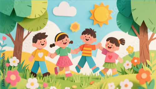 An illustration of an application in the style of children's creativity cut out with scissors from colored paper depicting children playing in the park. Vector graphics. EPS.